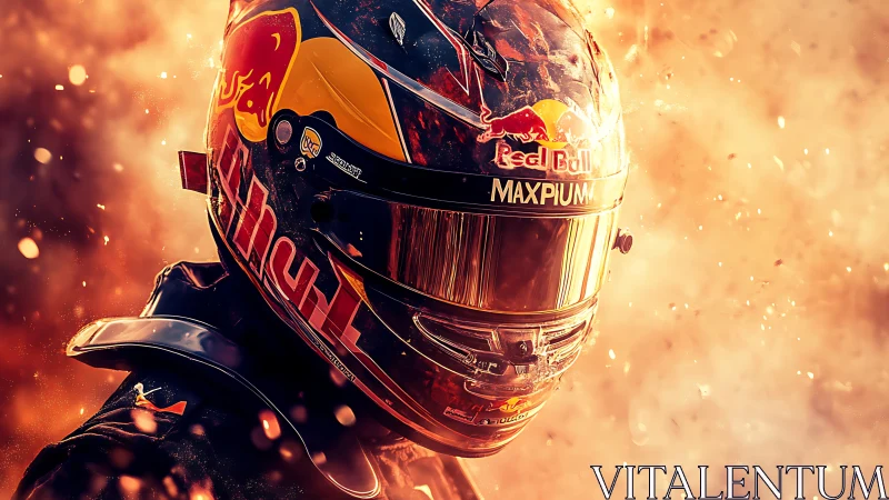 Racing helmet close-up with reflective visor amid dynamic fiery particles