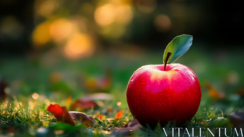 Photorealistic autumn orchard apple with shallow depth of field.