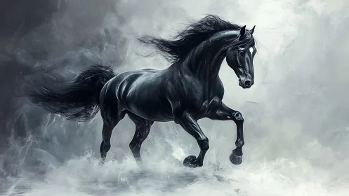 Midnight black stallion charges through swirling silver mist
