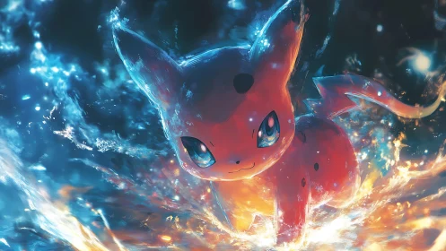 Fiery electric creature leaping through swirling starlight.