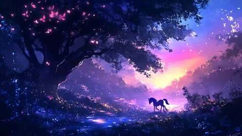 Digital fantasy grove with unicorn silhouette at dusk twilight.