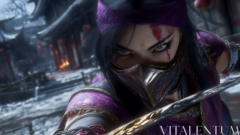 Fierce masked warrior locks eyes in a snowbound temple duel