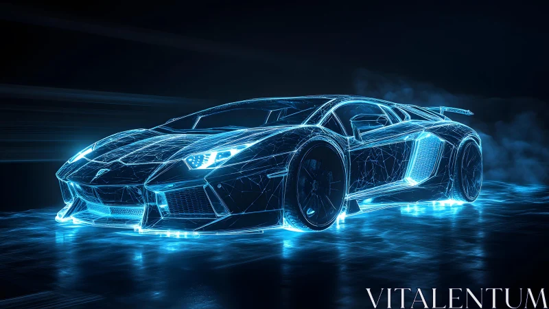 Futuristic sports car in glowing neon wireframe digital art style.