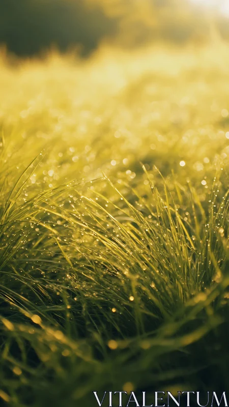 Backlit dew-laden grass blades in shallow morning focus field