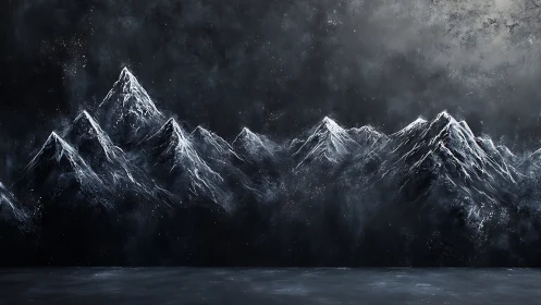 Snow covered mountain range painted on dark night sky