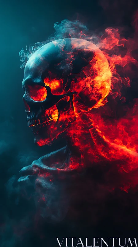 Flaming spectral skull in cinematic 3D side-profile composition.