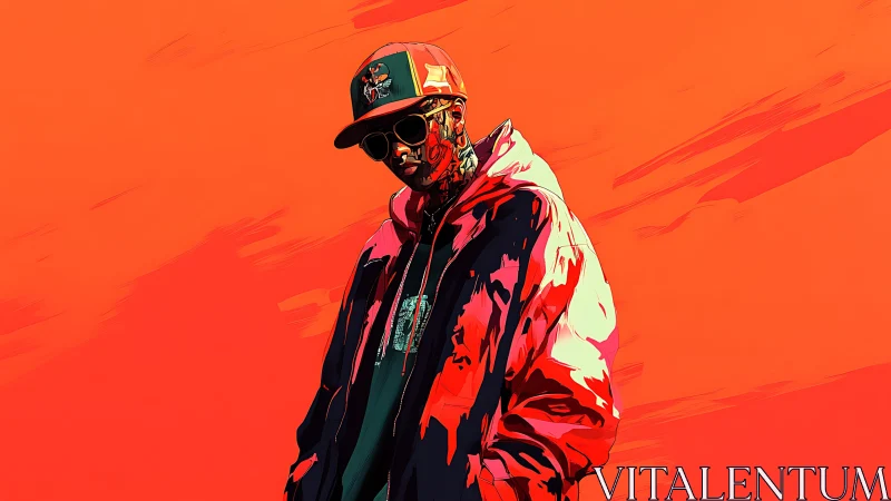 Stylized streetwear figure on bold red abstract ground.
