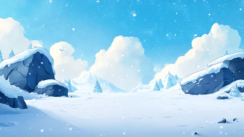 Snowbound valley with stylized rocks under clear winter sky