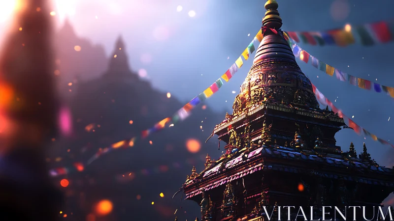 Golden mountain stupa glowing beneath fluttering prayer flags.