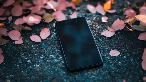 Smartphone on asphalt surrounded by pastel autumn leaves.