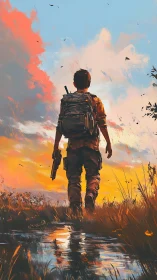 Sunset wanderer strides toward a bold, unknown tomorrow