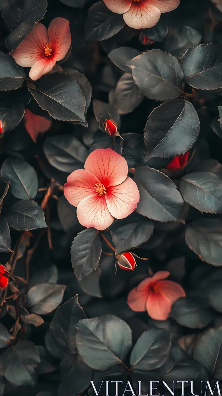 Coral hibiscus blooms with dark foliage in moody botanical arrangement