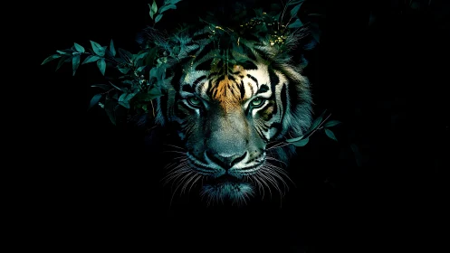 Emerald jungle tiger gazing out from midnight shadows.