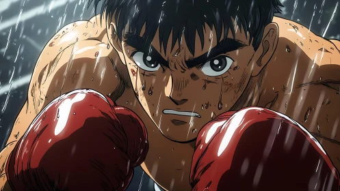 Rain-Soaked Boxer in Red Gloves Confronts Camera.