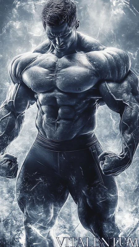 Muscular male figure rendered as icy sculpted anatomy