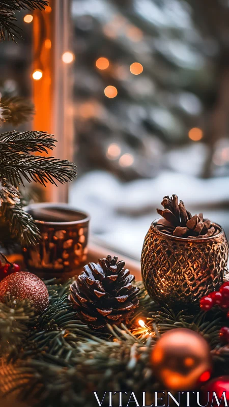 Cozy holiday pinecone still life beside glowing window.