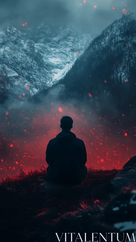 Solitary silhouette amid glacial peaks and incendiary mistfield.