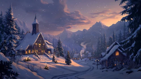 Snowy alpine village church under warm winter dusk sky.