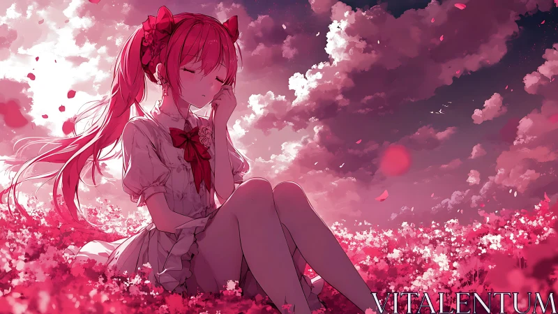 Girl resting in a pink flower field under dreamy skies.