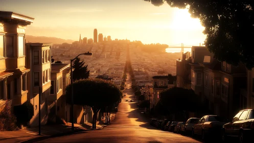 Photorealistic sunset street descent with distant city skyline.