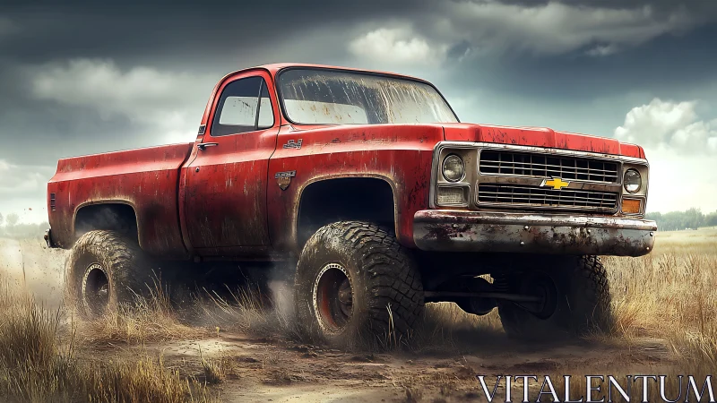 Weathered red pickup truck powers through a muddy open field