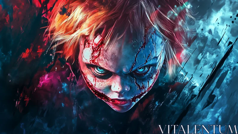 Sinister scarred doll face in vivid red and blue chaos.