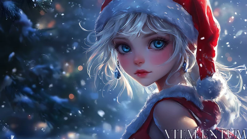 Snowlit anime girl in Santa attire rendered with luminous bokeh