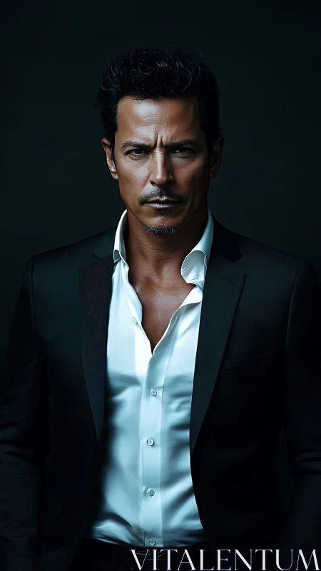 Intense suited man stands in dramatic cinematic lighting