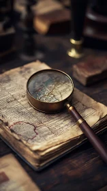 Antique brass magnifier on weathered cartographic manuscript