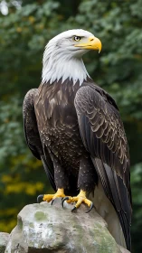 Bald eagle portrait on rock with detailed plumage and gaze.