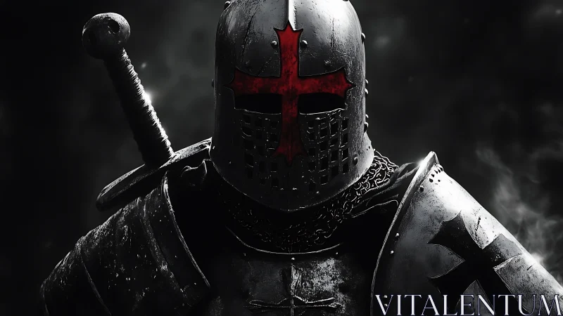 Crusader knight portrait with blood red cross helm armor.