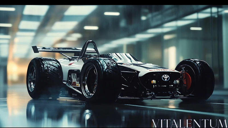 Rain-slick cyber racer prowls a glassy futuristic pit lane.