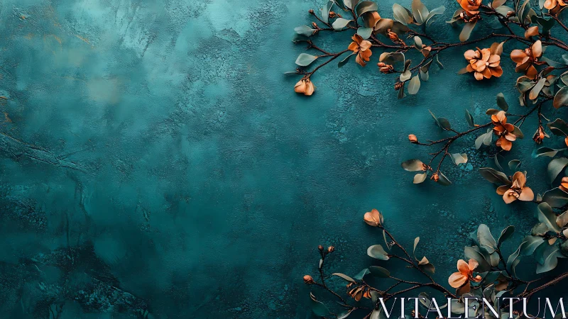 Terracotta Botanical Composition on Weathered Teal Surface.