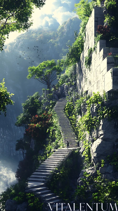 Digital painting of vertiginous cliff stairway in lush gorge.
