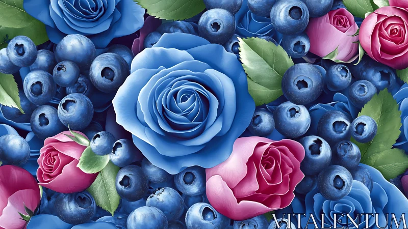 Blue Roses with Blueberries and Pink Florals in Floral Composition.