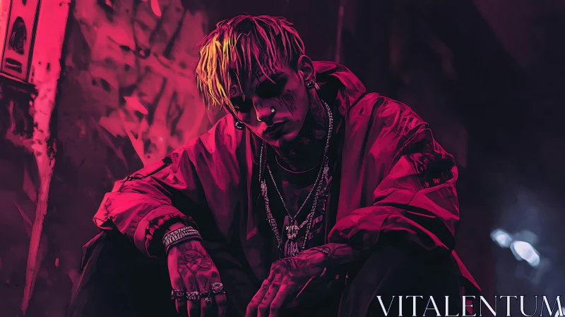 Neon-lit street portrait shows crouched tattooed figure brooding