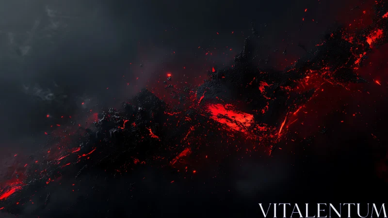 Dark abstract lava shards amid dense black smoke.