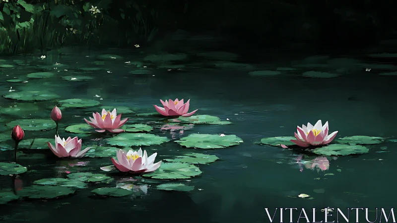 Lilies drift like quiet lanterns across a forest pond