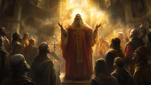 Central robed figure addresses gathered crowd in lit interior