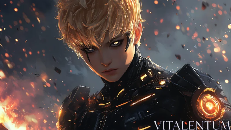 Cyborg warrior faces burning battlefield in molten light