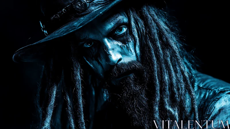 Man with dreadlocks stares intensely under blue-tinted light