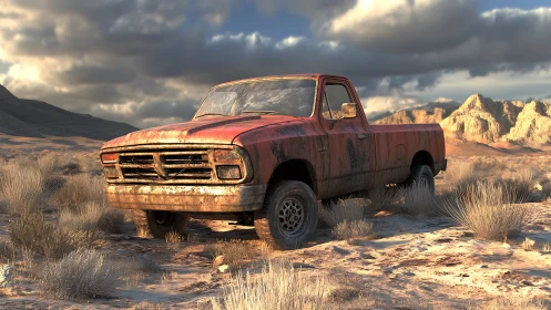 Weathered red pickup rendered with high-detail desert lighting model