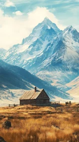Remote wooden cabin below towering snowy mountain peak.