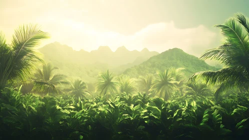 Tropical valley landscape with palm-dominated vegetation and distant mountains