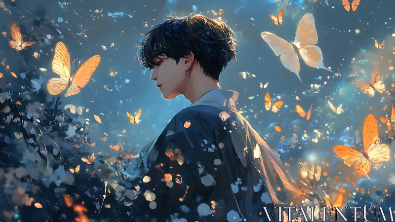 Side-lit figure amid luminescent butterflies in ethereal dusk