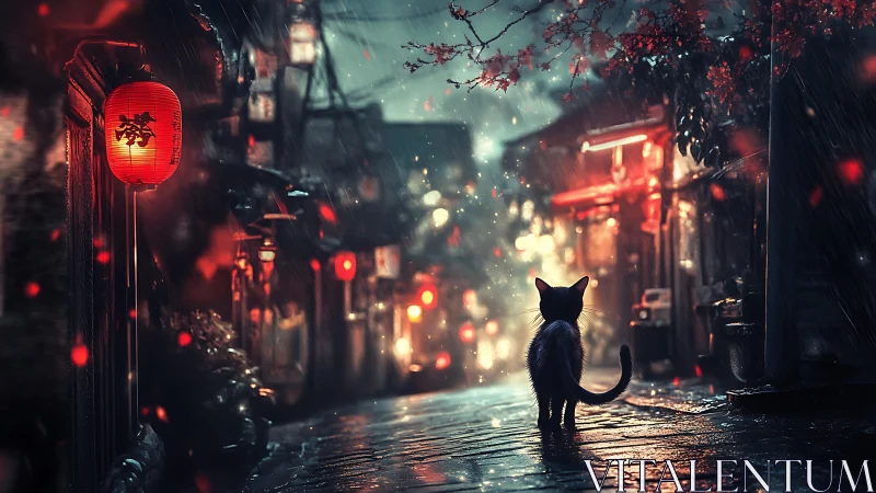 Black Cat's Rainy Night in the Glowing Red Lantern District.