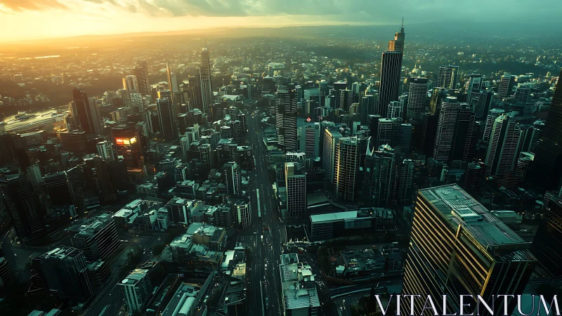 Sunlit aerial panorama over dense modern city skyline.