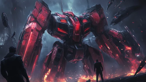 Colossal red mech awakening in a storm of sparks and steel.