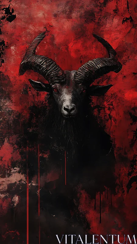 Dark horned goat head against splattered red backdrop.