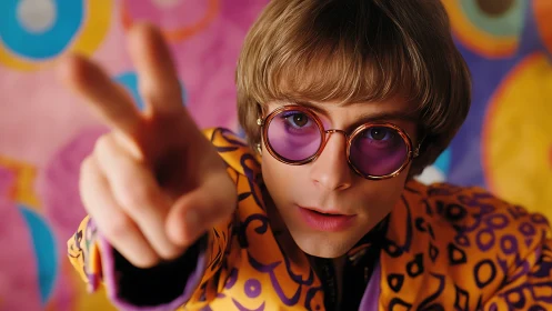 Retro portrait with purple glasses and peace hand gesture.